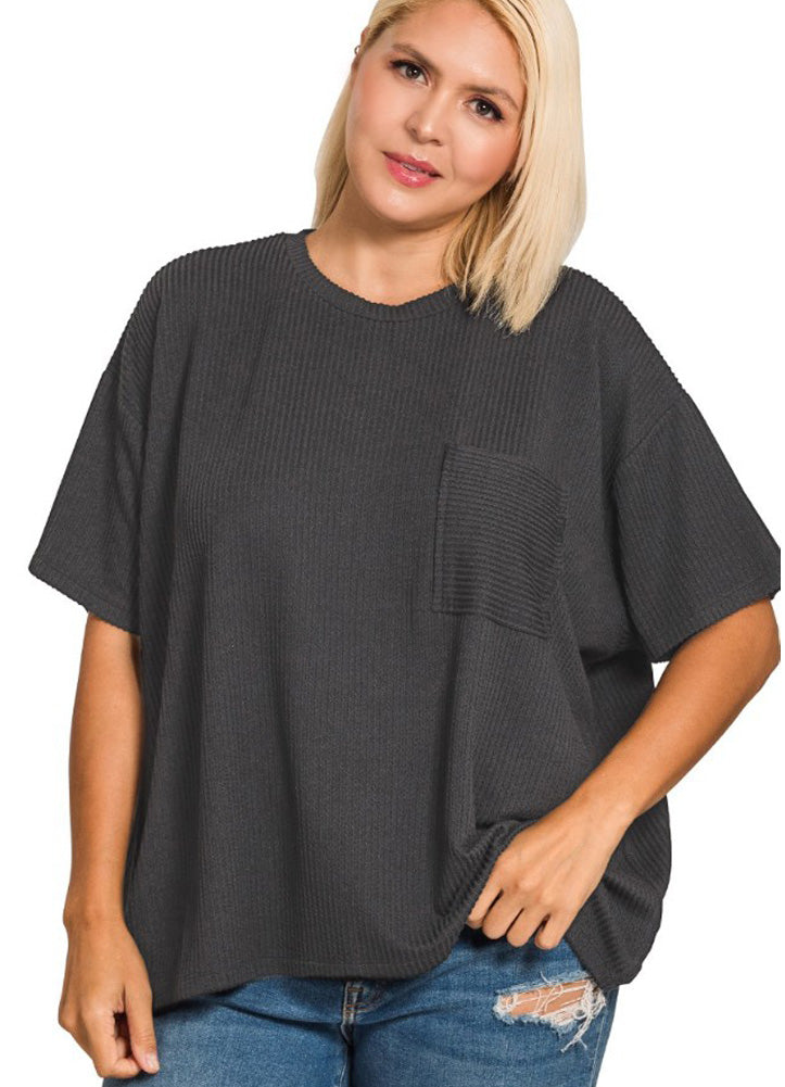 Plus Raised Rib SS Front Pocket Top in Black by Zenana