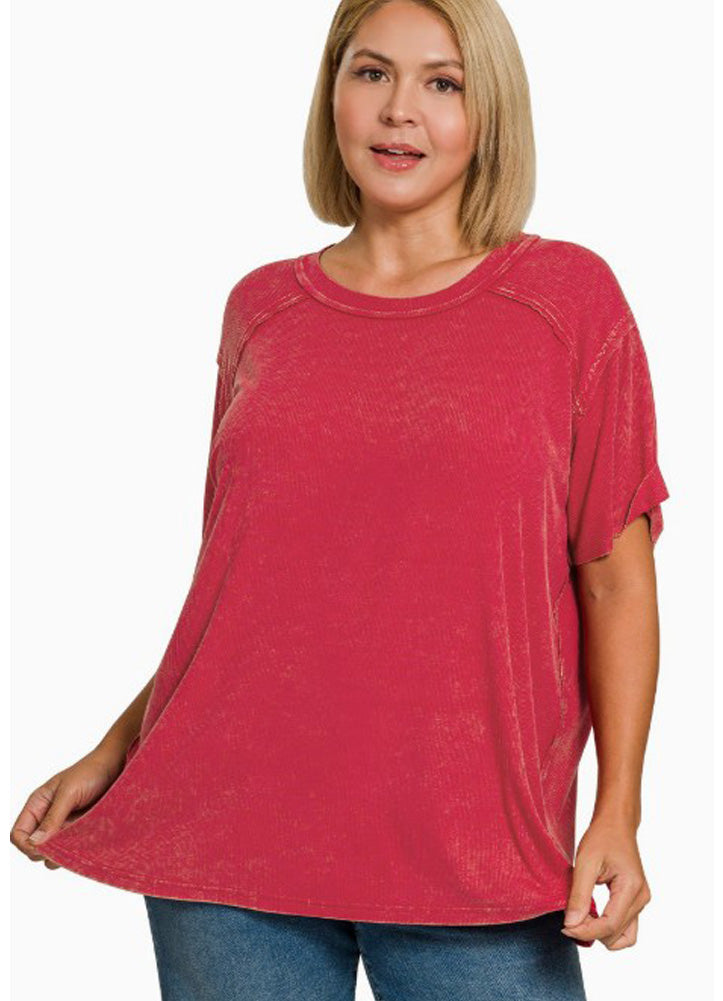 Plus Washed Ribbed SS Boat Neck Top in Dark Red by Zenana