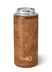 Saddle Stitch Cognac Skinny Can Cooler 12oz by Swig Life
