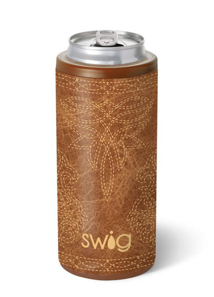 Saddle Stitch Cognac Skinny Can Cooler 12oz by Swig Life