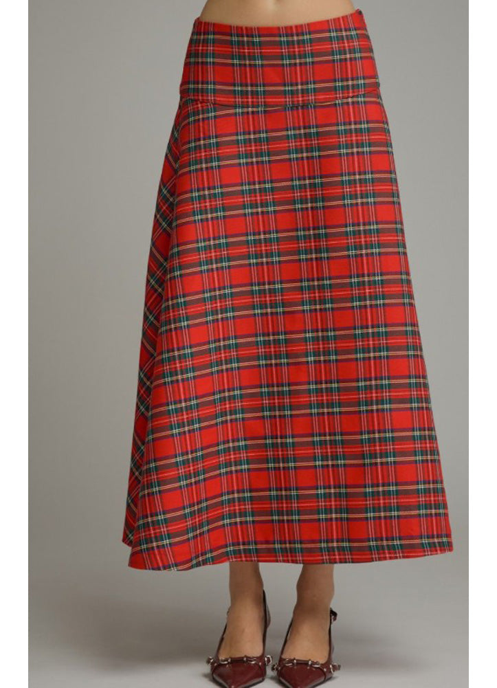 Plaid Midi Skirt in Red by Entro Inc