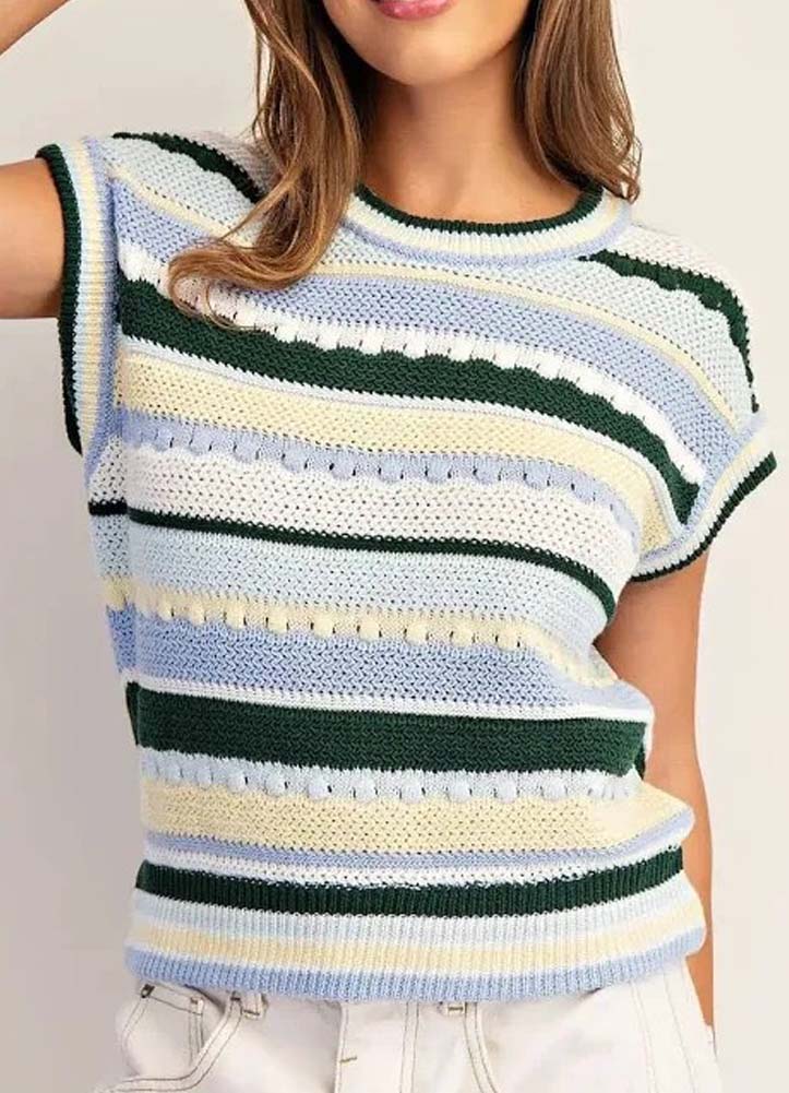 Striped Cap Sleeve Sweater in Olive Sky by eesome