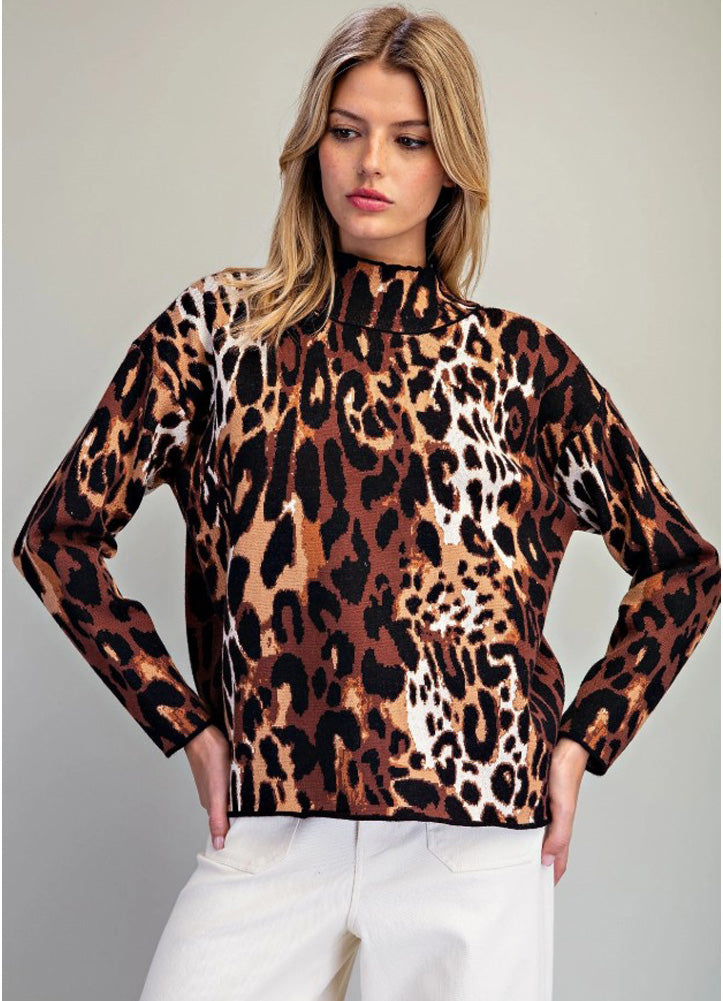 Animal Print Mock Neck Sweater in Brown by eesome