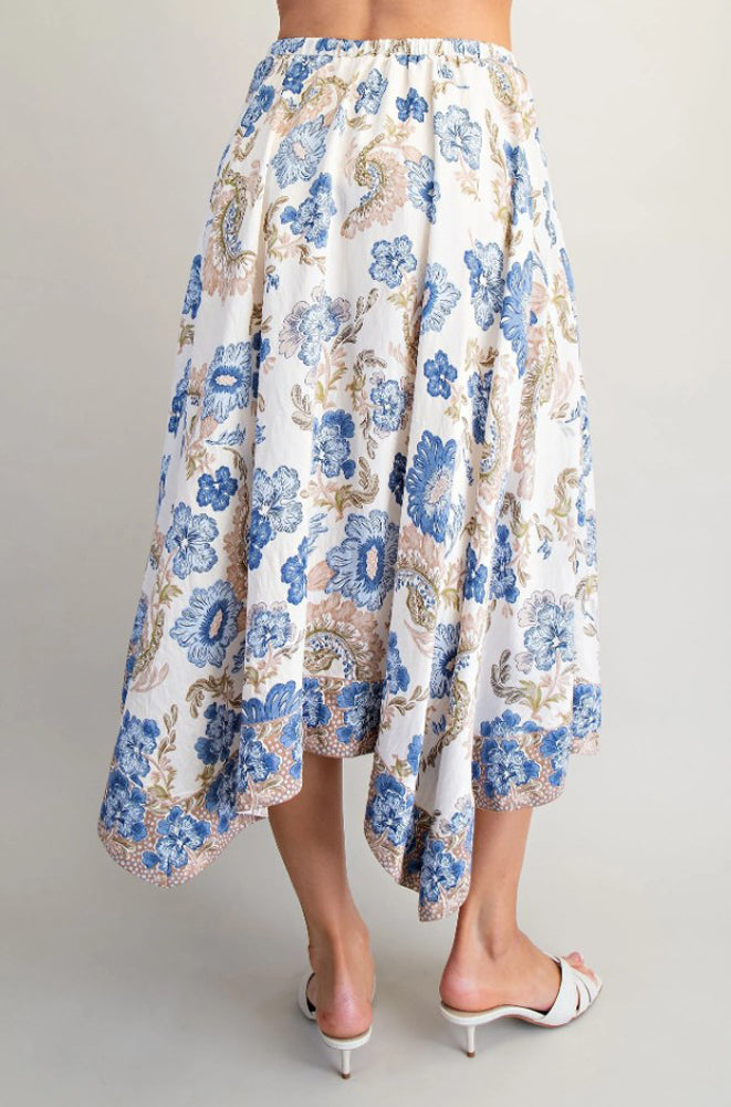 Floral Print Handkercheif Hem Midi Skirt in Blue Bell by eesome