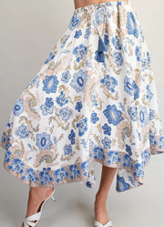 Floral Print Handkercheif Hem Midi Skirt in Blue Bell by eesome