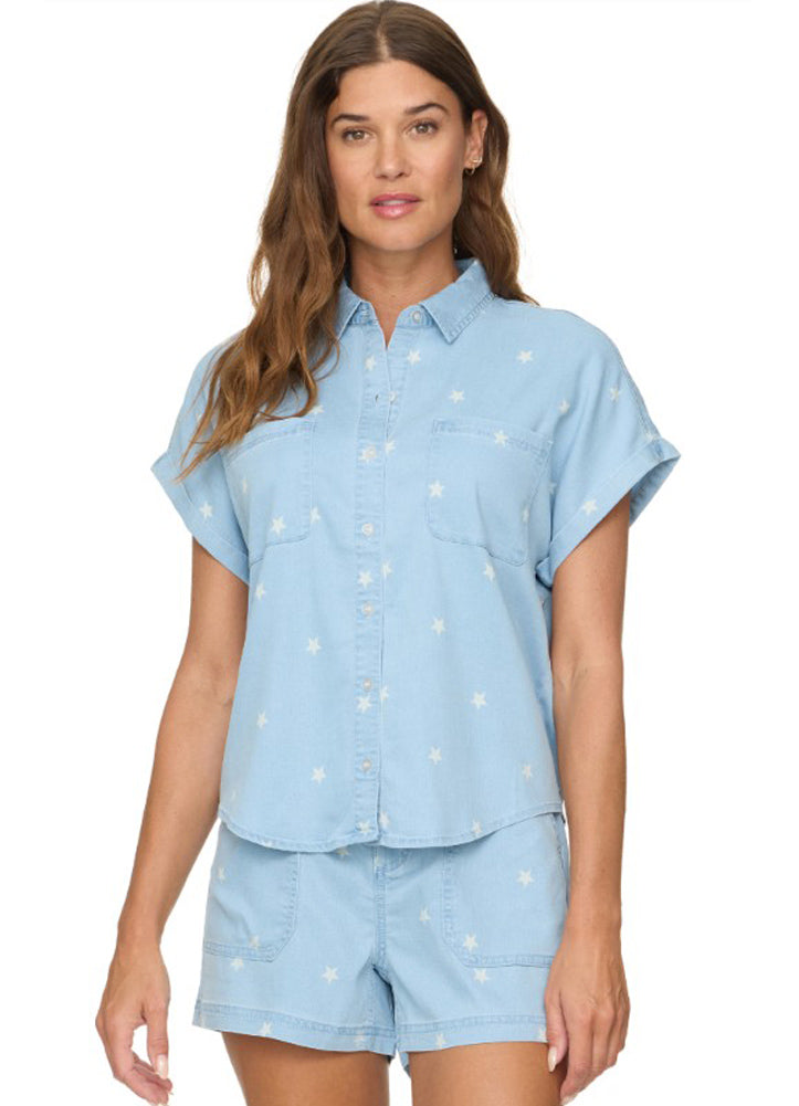 Quincy Star Print Tencil SS Dolman Shirt in Light Wash by Flag and Anthem