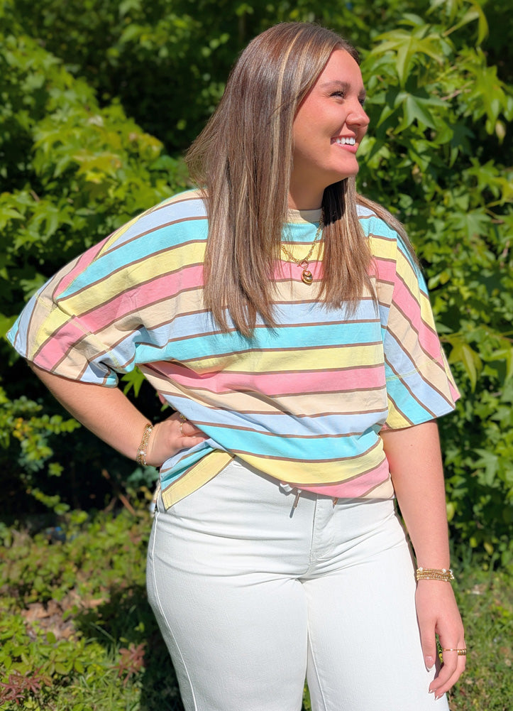 Mineral Washed Multi Stripe Knit Top in Pink Multi