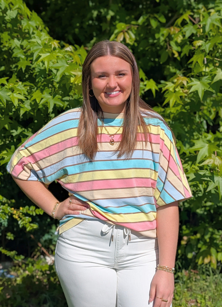 Mineral Washed Multi Stripe Knit Top in Pink Multi