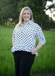 Polka Dot Button Down Peplum Top in White by Sewn + Seen