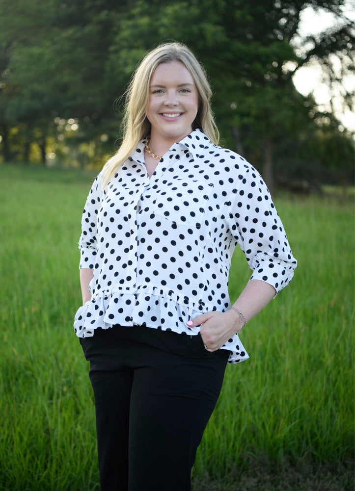 Polka Dot Button Down Peplum Top in White by Sewn + Seen