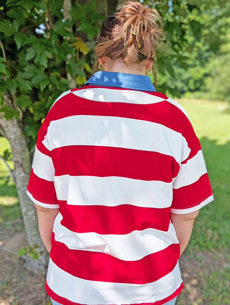 Gameday Americana Stripe Collared Top in Red/White/Blue by Sewn + Seen