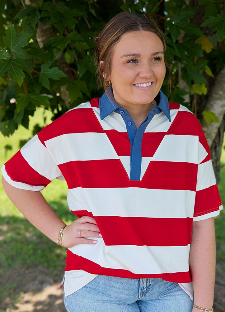Gameday Americana Stripe Collared Top in Red/White/Blue by Sewn + Seen
