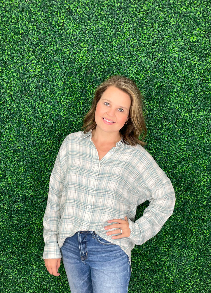 Leetonia LS Boyfriend Shirt in Sage/White by Flag and Anthem