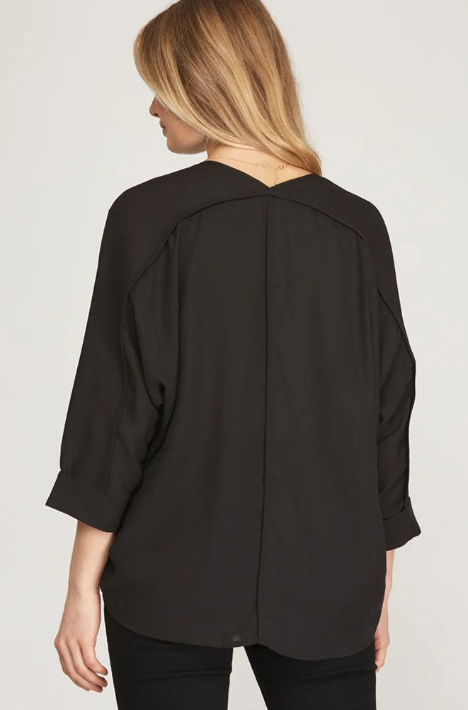 3/4 Sleeve Woven Top in Black by She  + Sky