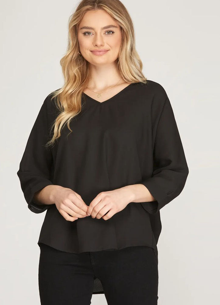 3/4 Sleeve Woven Top in Black by She  + Sky