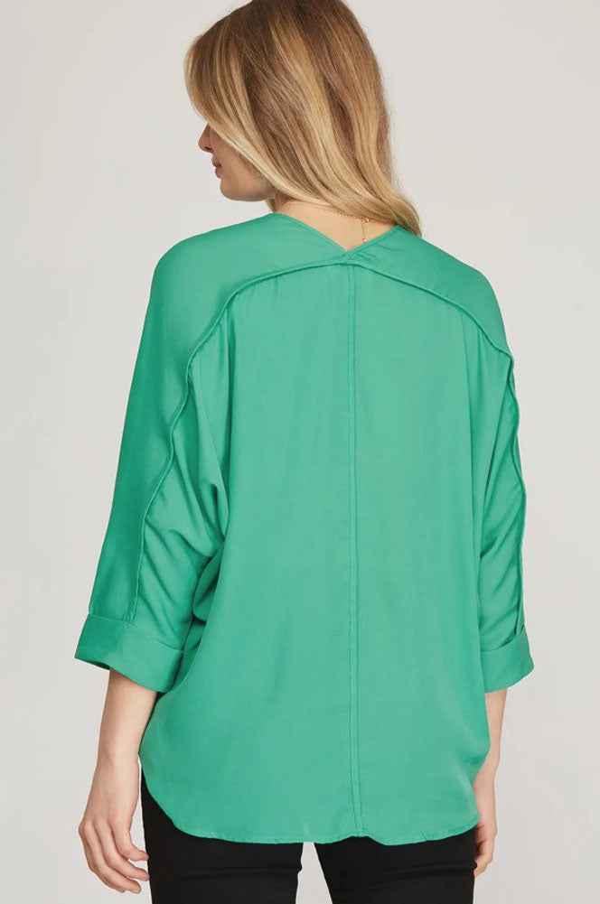3/4 Sleeve Woven Top in Jade Green by She + Sky