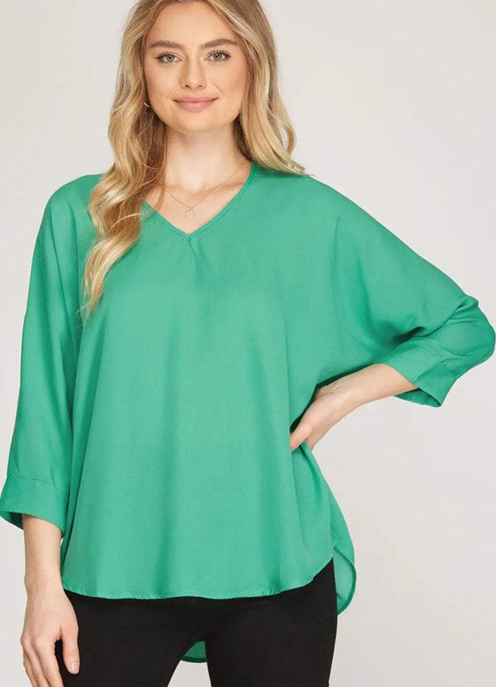 3/4 Sleeve Woven Top in Jade Green by She + Sky