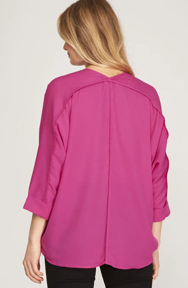 3/4 Sleeve Woven Top in Magenta by She + Sky