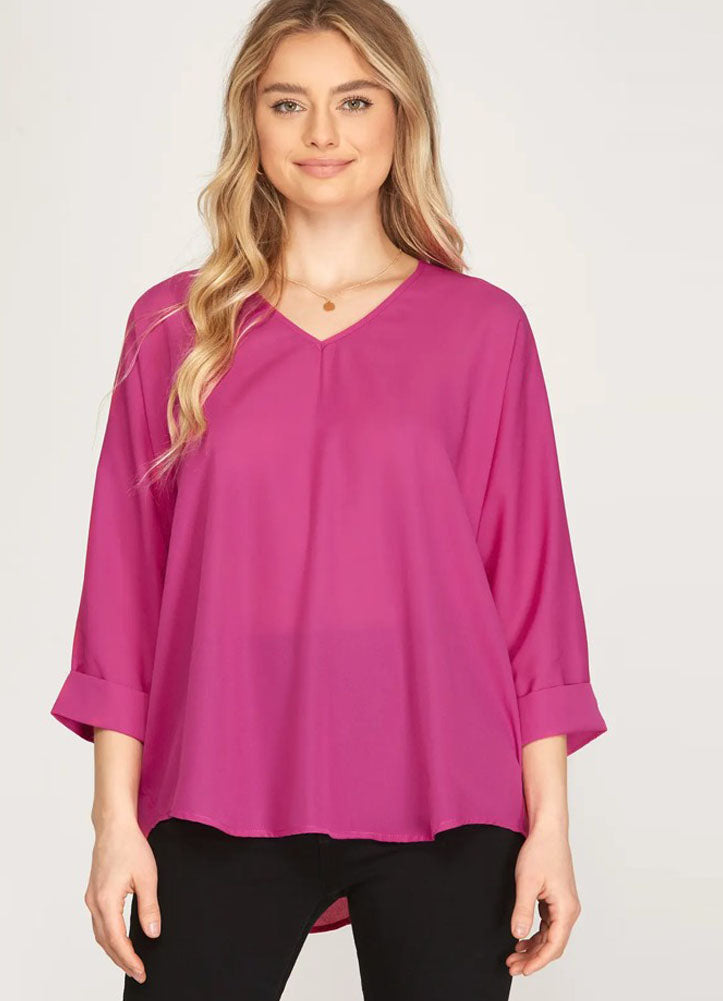 3/4 Sleeve Woven Top in Magenta by She + Sky