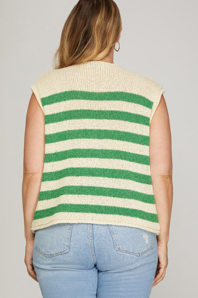 Sleeveless Striped Button Down Sweater Vest in Green by She + Sky
