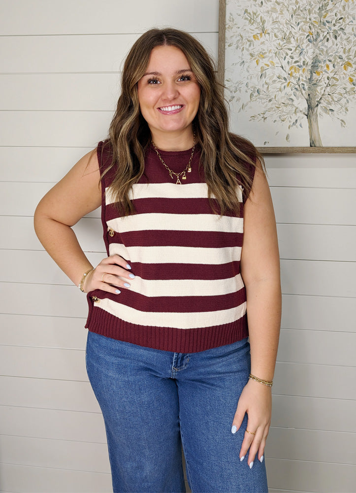 Sleeveless Stripe Sweater with Gold Buttons in Wine by She + Sky