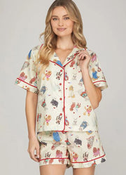 Print Pajama Short Set in Cream by She + Sky