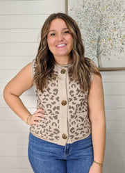 Sleeveless Animal Print Button Down Sweater Vest in Light Mocha by She + Sky