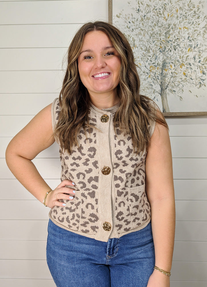 Sleeveless Animal Print Button Down Sweater Vest in Light Mocha by She + Sky
