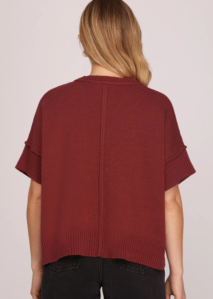 Game Day Drop Half Sleeve Crew Neck Sweater in Garnet by She + Sky