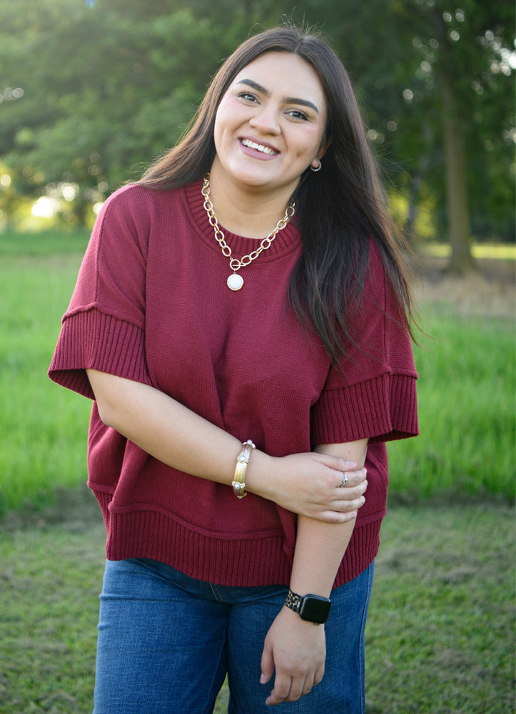Game Day Drop Half Sleeve Crew Neck Sweater in Garnet by She + Sky