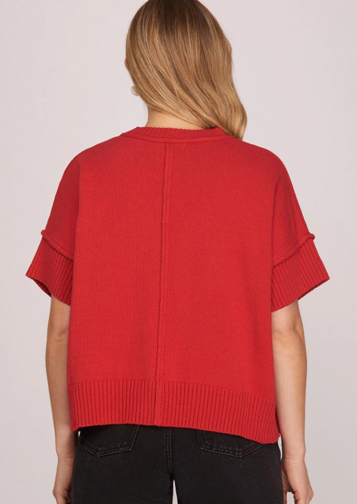 Game Day Drop Half Sleeve Crew Neck Sweater in Red by She + Sky