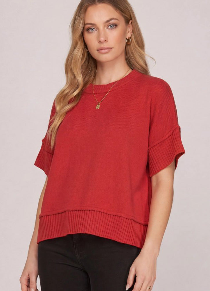 Game Day Drop Half Sleeve Crew Neck Sweater in Red by She + Sky