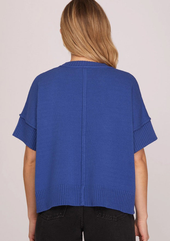 Game Day Drop Half Sleeve Crew Neck Sweater in Royal Blue by She + Sky