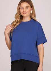 Game Day Drop Half Sleeve Crew Neck Sweater in Royal Blue by She + Sky