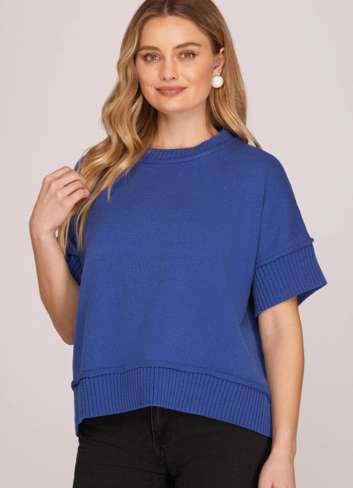 Game Day Drop Half Sleeve Crew Neck Sweater in Royal Blue by She + Sky