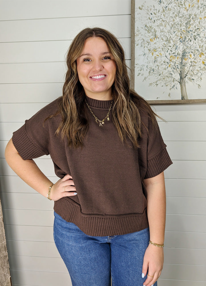 Drop Half Sleeve Crew Neck Sweater Top in Brown by She + Sky