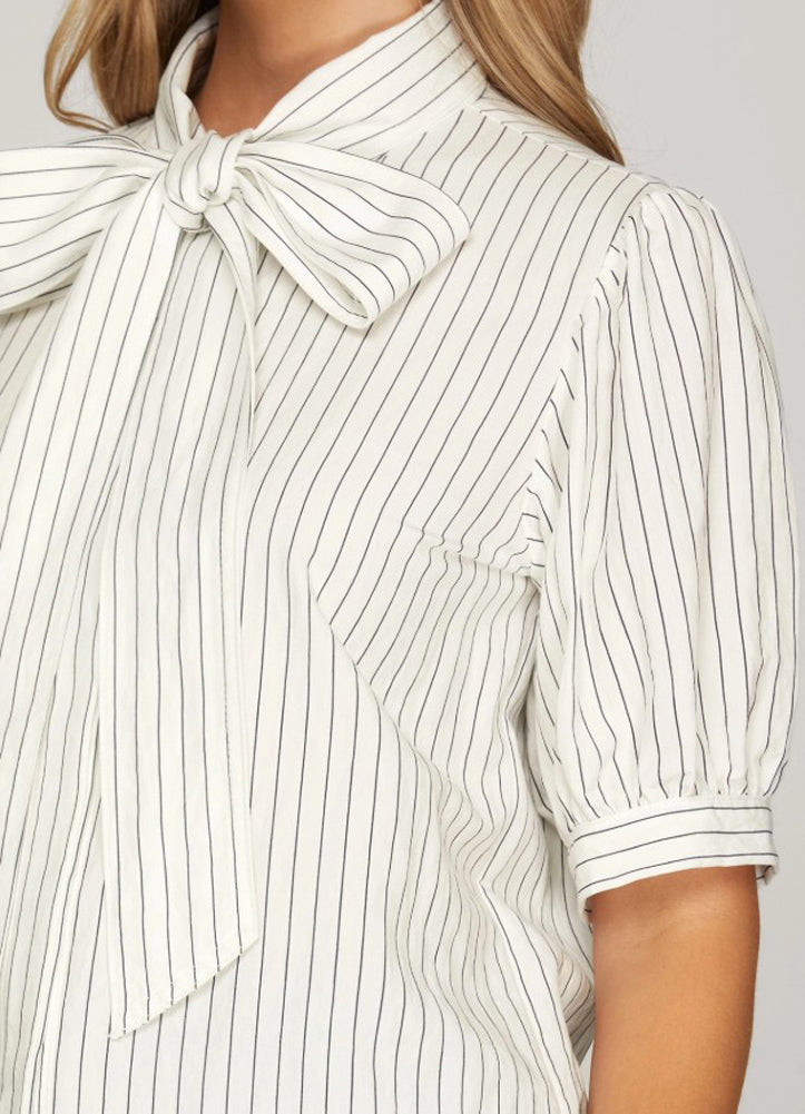 Half Sleeve Woven Striped Front Bow Tie Button Down Top in Off White by She + Sky