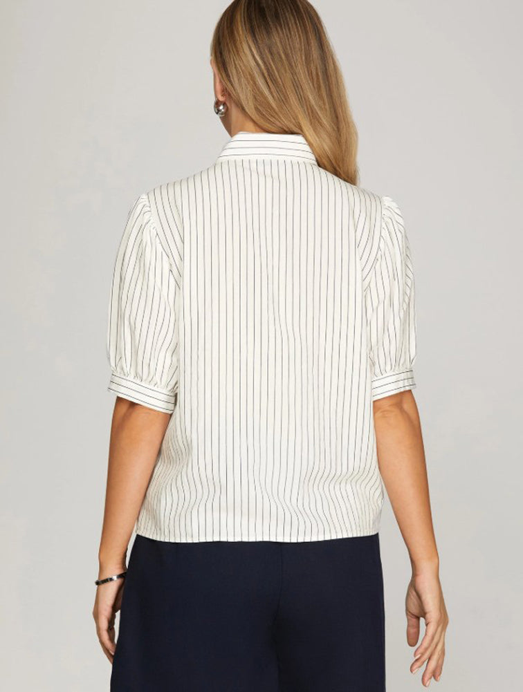 Half Sleeve Woven Striped Front Bow Tie Button Down Top in Off White by She + Sky