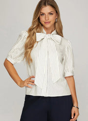 Half Sleeve Woven Striped Front Bow Tie Button Down Top in Off White by She + Sky