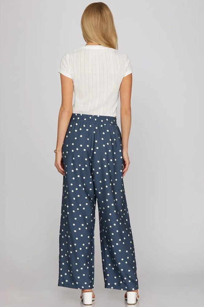 Woven Polka Dot Print Pants in Dusty Blue by She + Sky