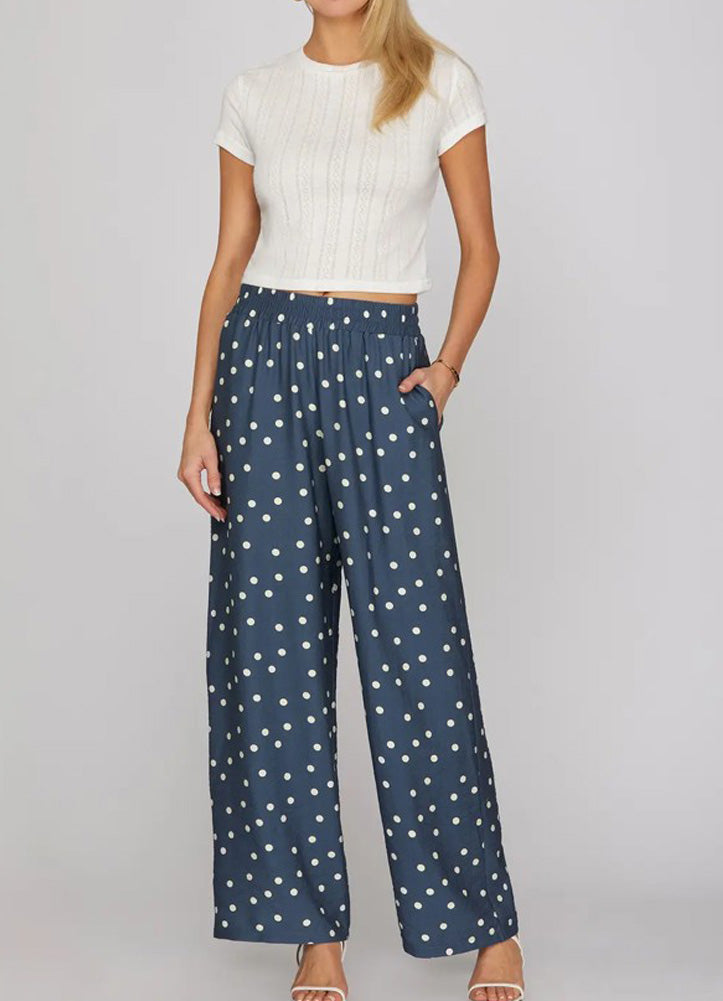 Woven Polka Dot Print Pants in Dusty Blue by She + Sky