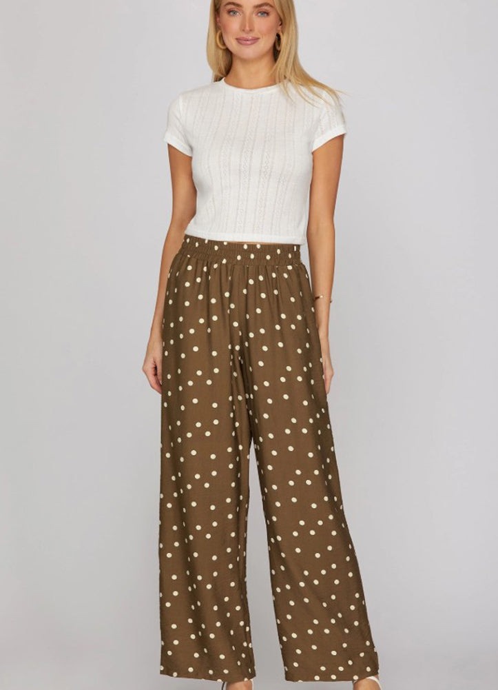 Woven Polka Dot Print Pants in Brown by She + Sky