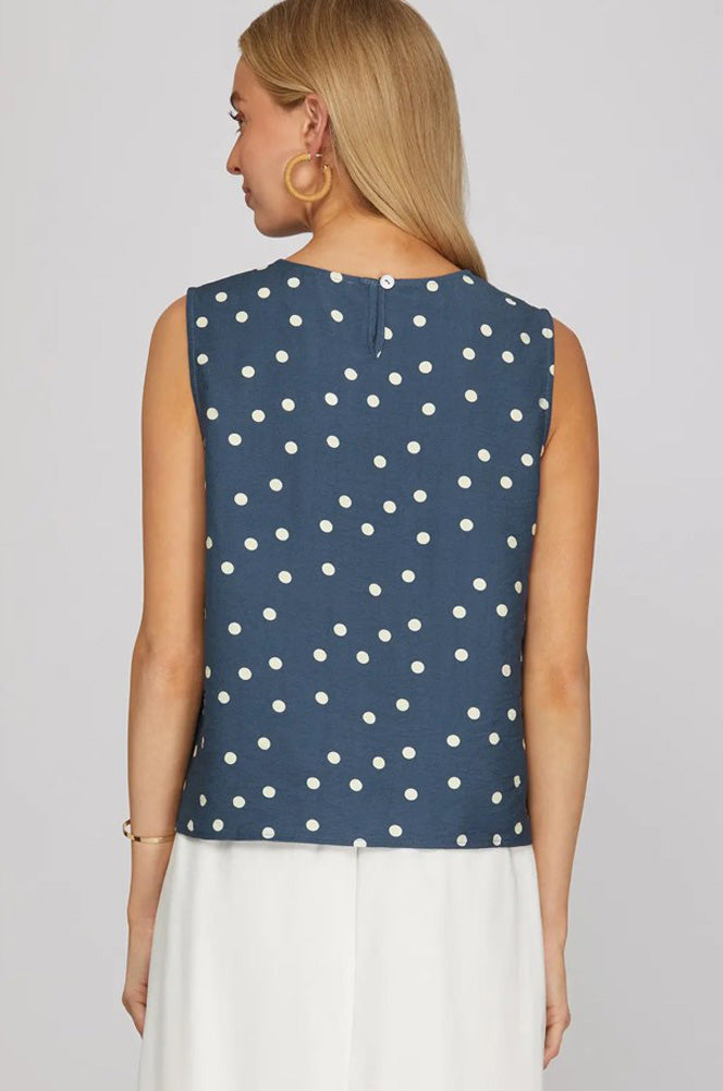 Sleeveless Polka Dot Print Top in Dusty Blue by She + Sky