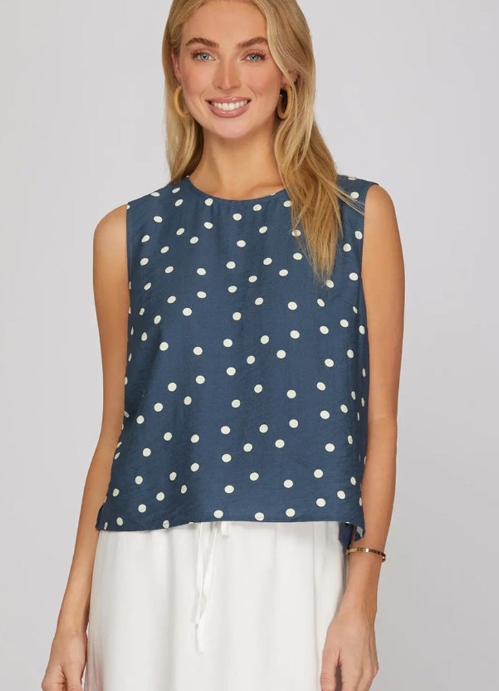Sleeveless Polka Dot Print Top in Dusty Blue by She + Sky
