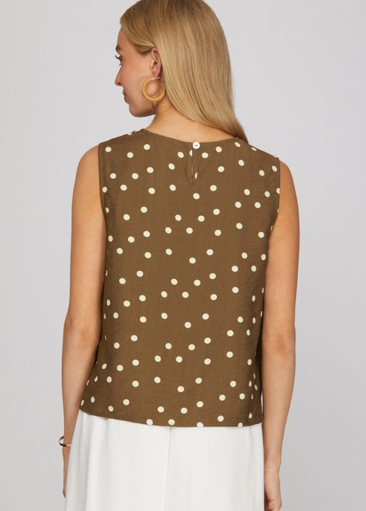 Sleeveless Woven Polka Dot Print Top in Brown by She + Sky