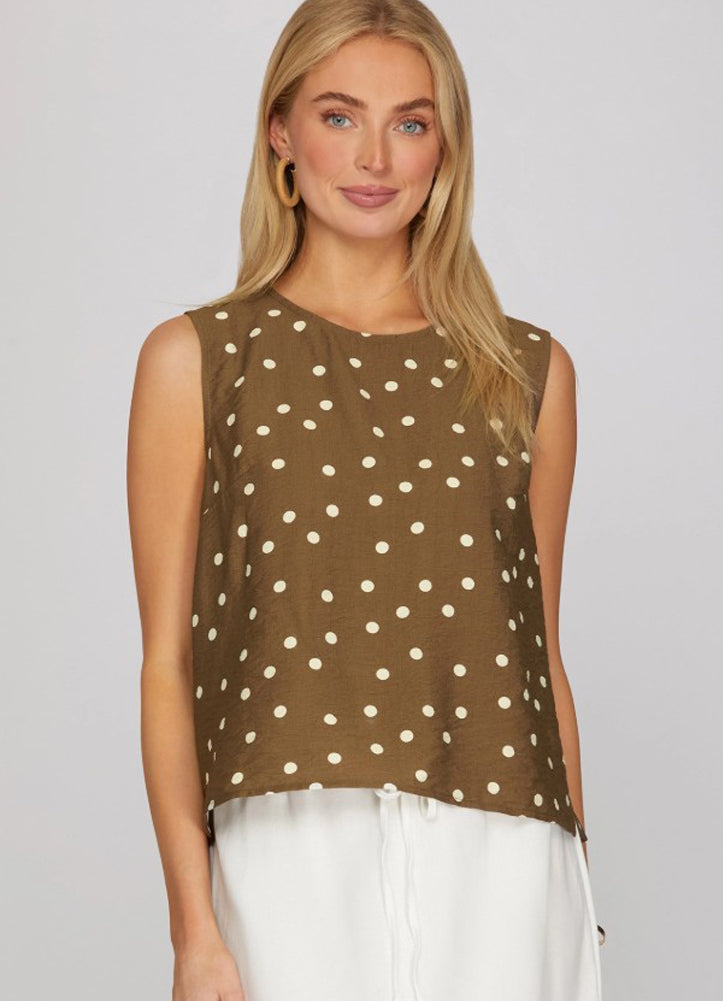 Sleeveless Woven Polka Dot Print Top in Brown by She + Sky
