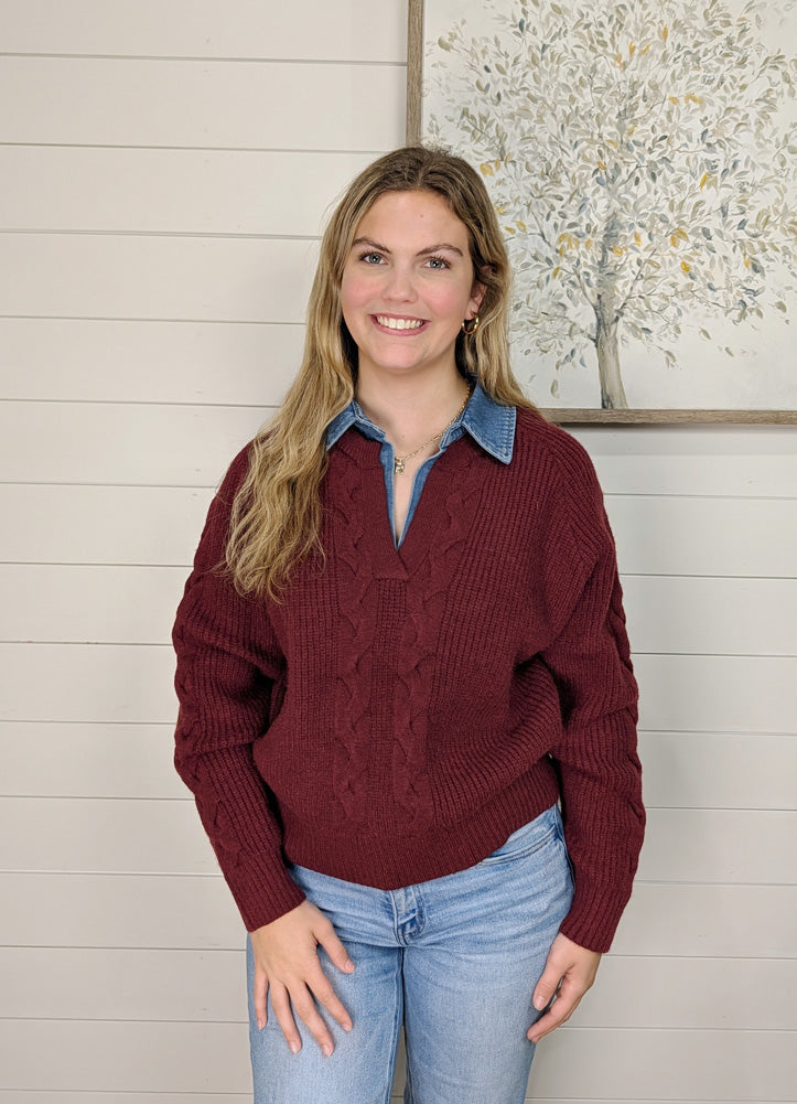 Washed Denim LS Collared Sweater in Wine by She + Sky