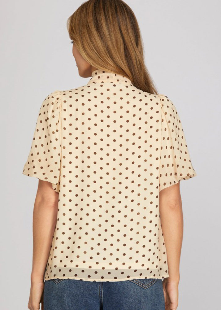 Polka Dot Print Top with Bow and Short Puff Sleeves in Cream by She + Sky