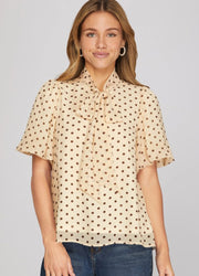 Polka Dot Print Top with Bow and Short Puff Sleeves in Cream by She + Sky