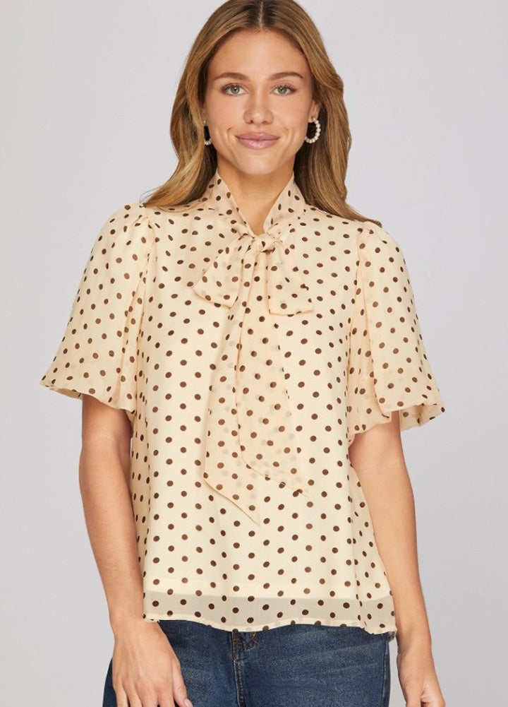 Polka Dot Print Top with Bow and Short Puff Sleeves in Cream by She + Sky
